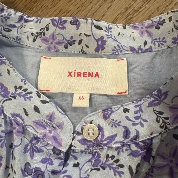 XiRENA Carys Shirt blue willow floral XS relaxed cotton silk purple blouse top - Picture 3 of 9